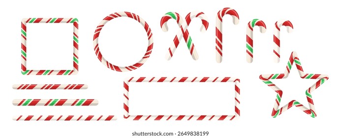 Christmas border elements with cute candy stripe design for card or text. Square, round, and star frames with lollipop cane pattern for festive decor.