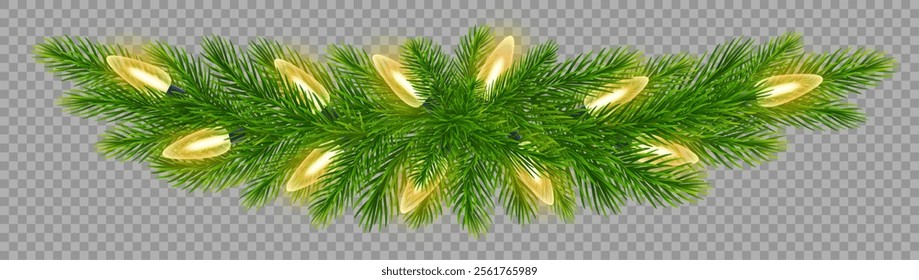 Christmas border featuring realistic fir branches and twinkling lights on transparent background. For festive designs, New Year, Christmas greeting cards, banners. Vector illustration