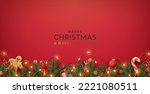 Christmas border with fir branches and decoration ornaments elements on red background. Realistic 3d design. Bright Christmas and New Year background light garlands, gold confetti. Vector illustration