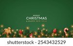 Christmas border with fir branches, decoration ornaments elements on green background. Realistic 3d design. Bright Christmas and New Year background light garlands, gold confetti. Vector illustration