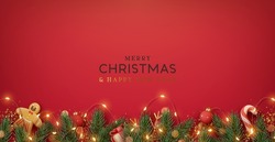 Bordure De Noël Avec Branches De Sapin Et éléments D'ornements De Décoration Sur Fond Rouge. Illustration Vectorielle
