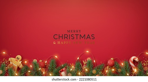 Christmas border with fir branches and decoration ornaments elements on red background. Realistic 3d design. Bright Christmas and New Year background light garlands, gold confetti. Vector illustration - Shutterstock ID 2221080511