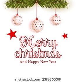 Christmas border with fir branches and decoration ornaments elements on red background. Realistic 3d design. Bright Christmas and New Year background