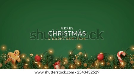 Christmas border with fir branches, decoration ornaments elements on green background. Realistic 3d design. Bright Christmas and New Year background light garlands, gold confetti. Vector illustration