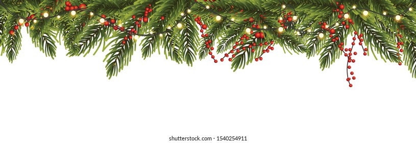 Christmas Border With Fir Branches, Pine Branches, Berries And Lights , Xmas Decoration Object,