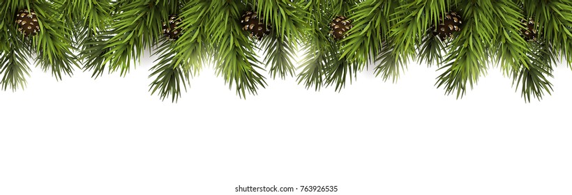 Christmas border with fir branches and pine cones on white background