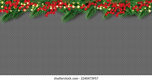 Christmas Border with Fir Branches and Red Holly Berries. Neon Garland with Yellow Lights. Vector Illustration. Merry Christmas and Happy New Year.