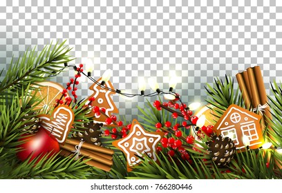 Christmas Border With Fir Branches, Traditional Decorations And Gingerbreads On Transparent Background