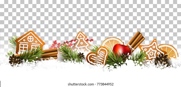 Christmas border with fir branches, traditional decorations and gingerbreads in the snow