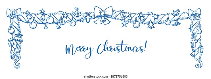 Christmas border fir garland with bows and ribbons, baubles, toys, stars and angles on it. Xmas card decoration. Hand drawn line art cartoon vector illustration.