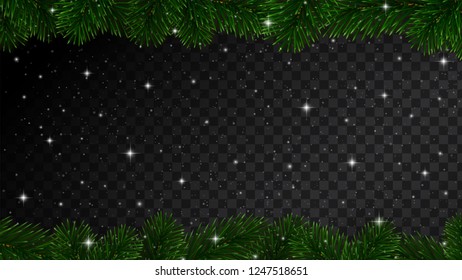 Christmas border with fir tree branches, sparkles and snow isolated on dark background. Vector design element for holiday card decoration or banner