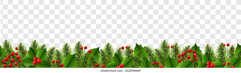 Christmas Border With Fir Tree And Holly Berry Transparent background With Gradient Mesh, Vector Illustration