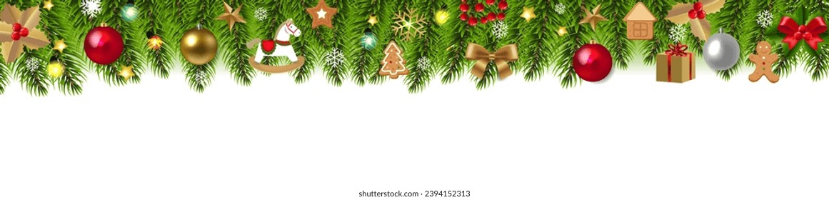 Christmas Border With Fir Tree And White Background With Gradient Mesh, Vector Illustration