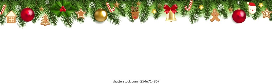 Christmas Border With Fir Tree And Xmas Toys White background With Gradient Mesh, Vector Illustration