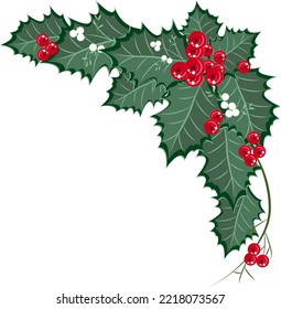 Christmas  border with foliage poinsettia, white mistletoe and red berries. Christmas garland. Vector illustration.