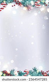 Christmas border or frame with fir branches, berries and candy isolated on snowy background. Vector illustration