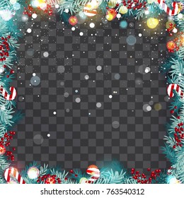 Christmas border or frame with fir branches, berries and candy isolated on snowy background. Vector illustration