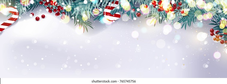 Christmas Border Or Frame With Fir Branches, Berries And Candy Isolated On Snowy Background. Vector Illustration