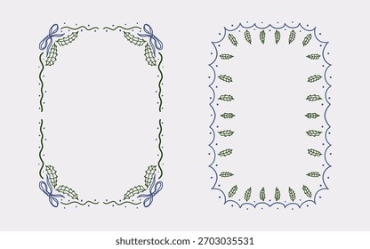 Christmas border frame line art style with branches, ribbon bow element. Minimalist christmas vintage frame perfect for invitation, poster, card, or cover.