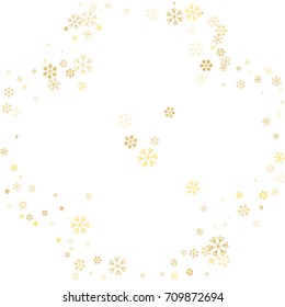 Christmas border or frame with random scatter golden snowflakes isolated on white.