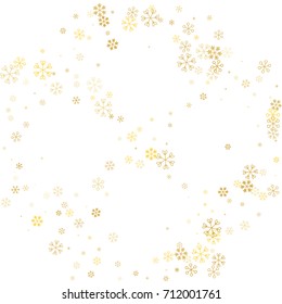 Christmas border or frame with random scatter golden snowflakes isolated on white.