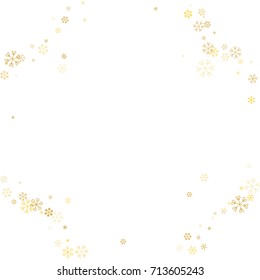 Christmas border or frame with random scatter golden snowflakes isolated on white.