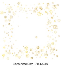 Christmas border or frame with random scatter golden snowflakes isolated on white.