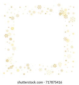 Christmas border or frame with random scatter golden snowflakes isolated on white.