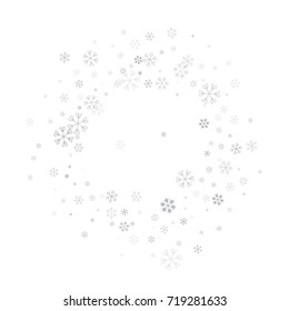 Christmas border or frame with random scatter falling silver snowflakes isolated on white.