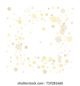 Christmas border or frame with random scatter golden snowflakes isolated on white.