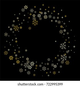 Christmas border or frame with random scatter falling golden snowflakes isolated on black.