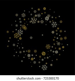 Christmas border or frame with random scatter falling golden snowflakes isolated on black.