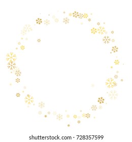 Christmas border or frame with random scatter golden snowflakes isolated on white.