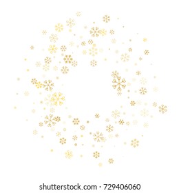 Christmas border or frame with random scatter golden snowflakes isolated on white.