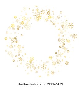 Christmas border or frame with random scatter golden snowflakes isolated on white.
