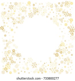 Christmas border or frame with random scatter golden snowflakes isolated on white.