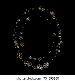Christmas border or frame with random scatter falling golden snowflakes isolated on black.