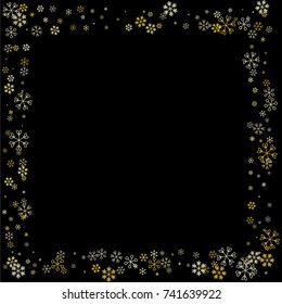 Christmas border or frame with random scatter falling golden snowflakes isolated on black.