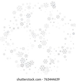 Christmas border or frame with random scatter falling silver snowflakes isolated on white.