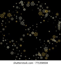 Christmas border or frame with random scatter falling golden snowflakes isolated on black.