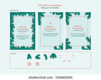 Christmas border frames - vector elements to create custom borders, Christmas tree, branches, ornaments