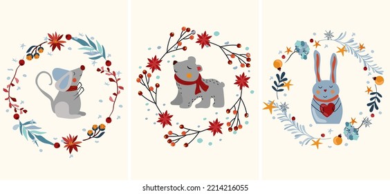 Christmas border with funny mouse in a scarf, cute rabbit holding a heart, polar bear. Winter compositions with animals in Christmas wreath. Perfect for greeting cards, poster, postcard. Vector 