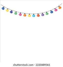 Christmas border of garland of round balls of lamps, horizontal border of Christmas colored lights of garland