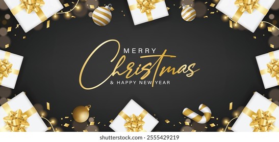 Christmas border with gift box and decoration ornaments elements on black background. Realistic 3d design. Bright Christmas and New Year background light garlands, gold confetti. Vector illustration