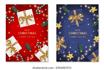 Christmas border with gift box, fir branches and decoration ornaments elements set on red and blue background. Bright Christmas and New Year background light garlands. Vector illustration.