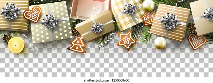 Christmas border with gift boxes, branches and gingerbreads