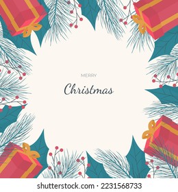 christmas border with gift boxes and branches