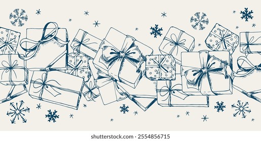 Christmas border with gift boxes and snowflakes. Hand drawn vector illustration.