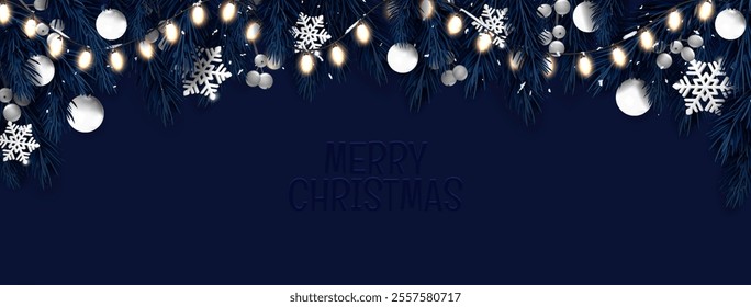 Christmas border with glowing string lights and dark blue evergreen branches. Night scene featuring white ornaments, silver snowflakes and greeting text. Noel holiday header or winter seasonal banner.