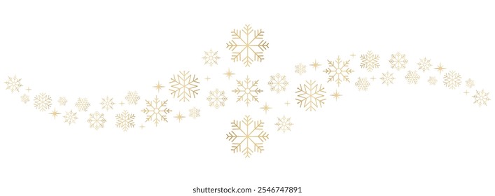 Christmas border with gold snowflakes isolated on transparent background. Christmas background banner with golden color gradient snowflakes. New year card. Vector illustration.
